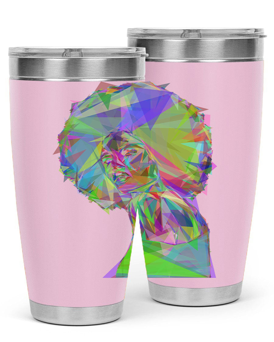 A stylish 20oz tumbler featuring a geometric prismatic design of a beautiful black woman, made from stainless steel with a drink-thru lid.