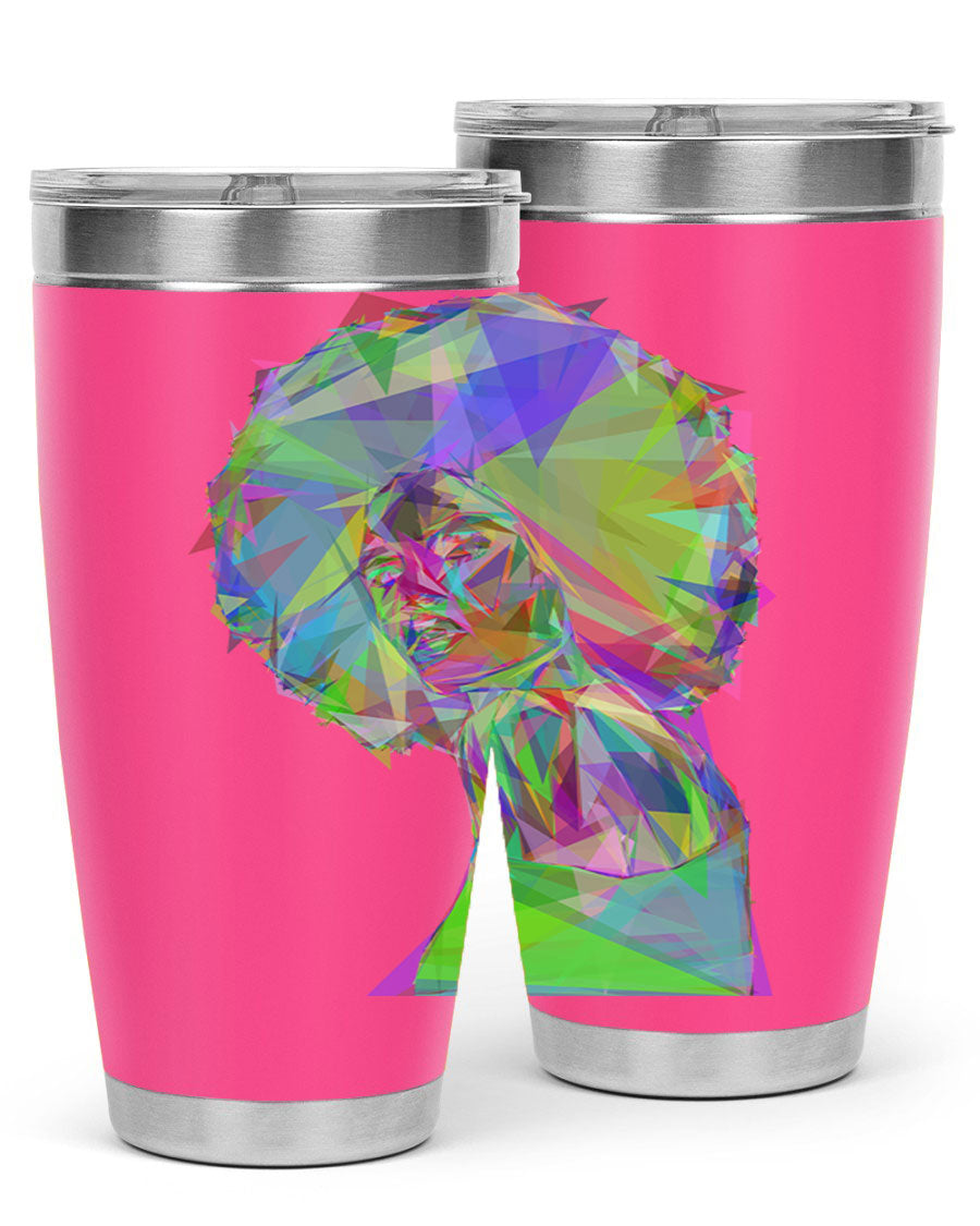 A stylish 20oz tumbler featuring a geometric prismatic design of a beautiful black woman, made from stainless steel with a drink-thru lid.