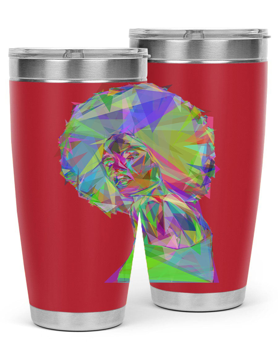 A stylish 20oz tumbler featuring a geometric prismatic design of a beautiful black woman, made from stainless steel with a drink-thru lid.