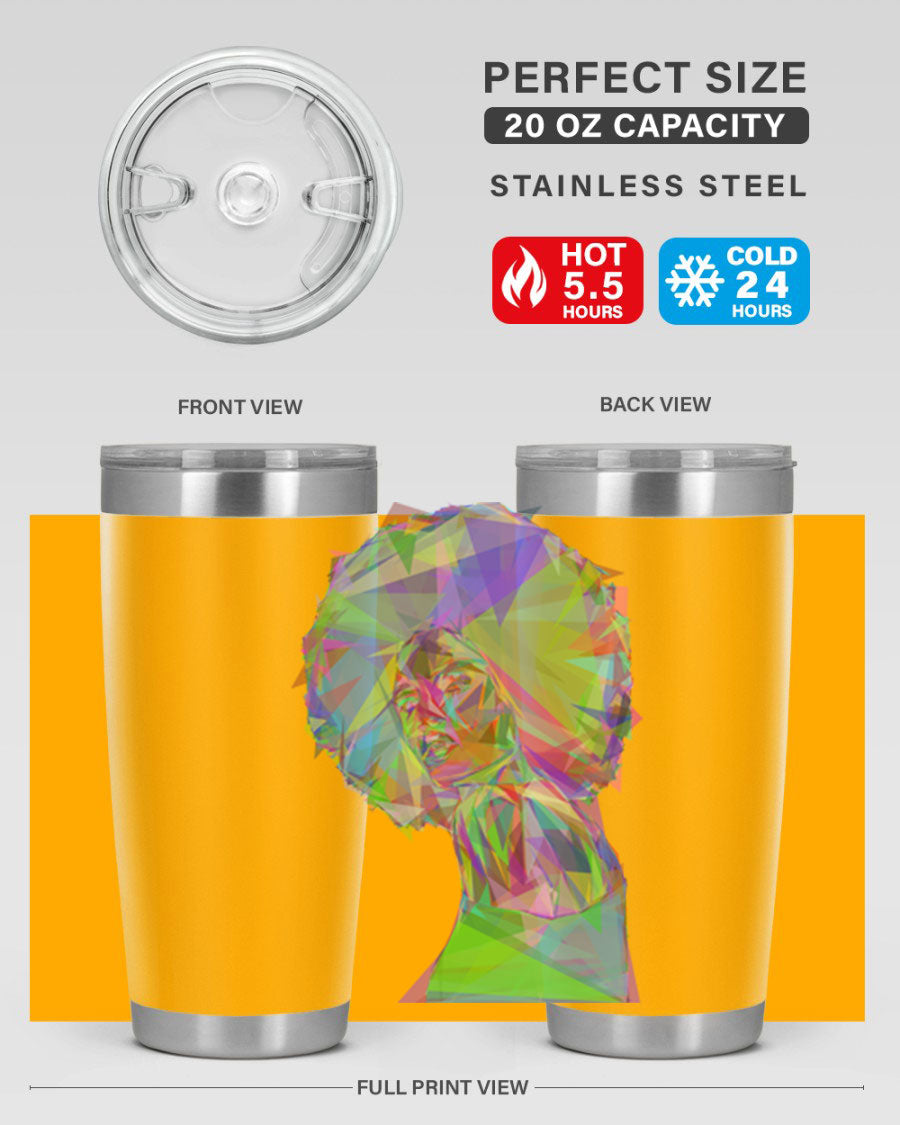 A stylish 20oz tumbler featuring a geometric prismatic design of a beautiful black woman, made from stainless steel with a drink-thru lid.
