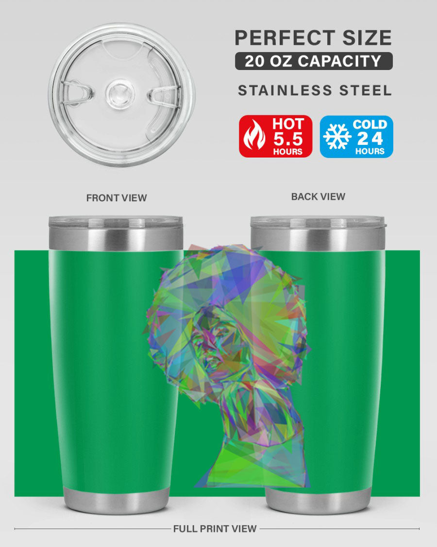 A stylish 20oz tumbler featuring a geometric prismatic design of a beautiful black woman, made from stainless steel with a drink-thru lid.