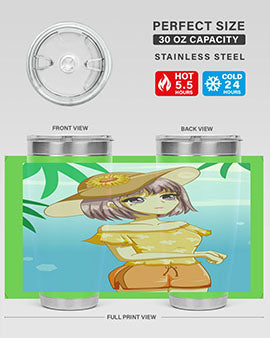 Beautiful anime-inspired tumbler featuring a girl in summer with sunflowers, showcasing vibrant colors and a stylish design.