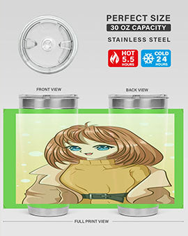 Beautiful girl with short hair in winter clothes on a stylish tumbler, showcasing vibrant colors and intricate design.