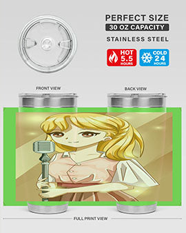 A stylish 20oz tumbler featuring a beautiful girl singing in a studio, made of stainless steel with a vibrant printed design.