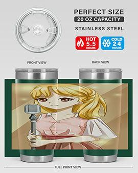A stylish 20oz tumbler featuring a beautiful girl singing in a studio, made of stainless steel with a vibrant printed design.