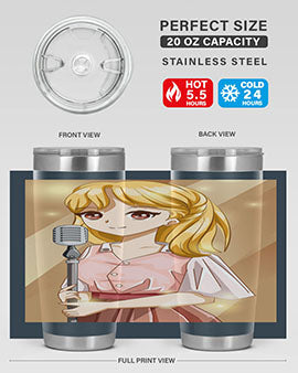 A stylish 20oz tumbler featuring a beautiful girl singing in a studio, made of stainless steel with a vibrant printed design.