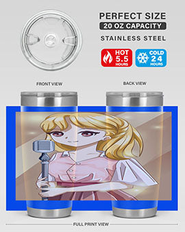 A stylish 20oz tumbler featuring a beautiful girl singing in a studio, made of stainless steel with a vibrant printed design.