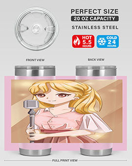 A stylish 20oz tumbler featuring a beautiful girl singing in a studio, made of stainless steel with a vibrant printed design.