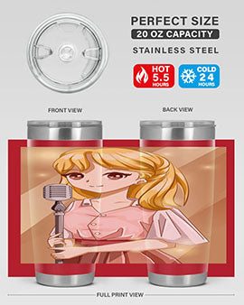 A stylish 20oz tumbler featuring a beautiful girl singing in a studio, made of stainless steel with a vibrant printed design.