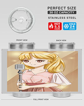 A stylish 20oz tumbler featuring a beautiful girl singing in a studio, made of stainless steel with a vibrant printed design.