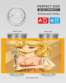 A stylish 20oz tumbler featuring a beautiful girl singing in a studio, made of stainless steel with a vibrant printed design.