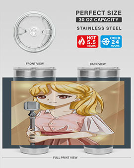 A stylish 20oz tumbler featuring a beautiful girl singing in a studio, made of stainless steel with a vibrant printed design.
