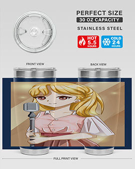 A stylish 20oz tumbler featuring a beautiful girl singing in a studio, made of stainless steel with a vibrant printed design.