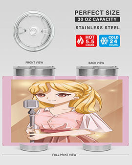 A stylish 20oz tumbler featuring a beautiful girl singing in a studio, made of stainless steel with a vibrant printed design.