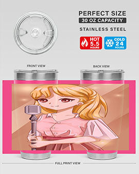 A stylish 20oz tumbler featuring a beautiful girl singing in a studio, made of stainless steel with a vibrant printed design.
