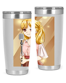 A stylish 20oz tumbler featuring a beautiful girl singing in a studio, made of stainless steel with a vibrant printed design.