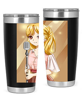 A stylish 20oz tumbler featuring a beautiful girl singing in a studio, made of stainless steel with a vibrant printed design.