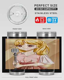 A stylish 20oz tumbler featuring a beautiful girl singing in a studio, made of stainless steel with a vibrant printed design.