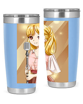 A stylish 20oz tumbler featuring a beautiful girl singing in a studio, made of stainless steel with a vibrant printed design.