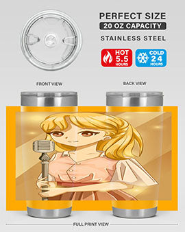 A stylish 20oz tumbler featuring a beautiful girl singing in a studio, made of stainless steel with a vibrant printed design.
