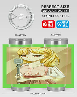 A stylish 20oz tumbler featuring a beautiful girl singing in a studio, made of stainless steel with a vibrant printed design.