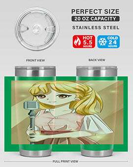 A stylish 20oz tumbler featuring a beautiful girl singing in a studio, made of stainless steel with a vibrant printed design.