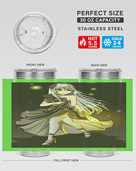 Beautiful girl in a black dress holding a sword, featured on a stylish stainless steel tumbler.