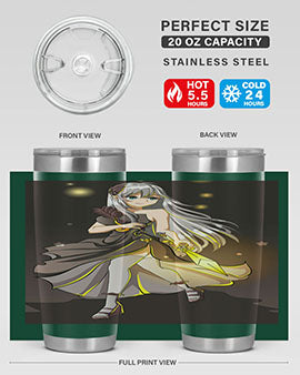 Beautiful girl in a black dress holding a sword, featured on a stylish stainless steel tumbler.