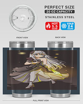 Beautiful girl in a black dress holding a sword, featured on a stylish stainless steel tumbler.