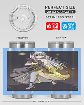 Beautiful girl in a black dress holding a sword, featured on a stylish stainless steel tumbler.