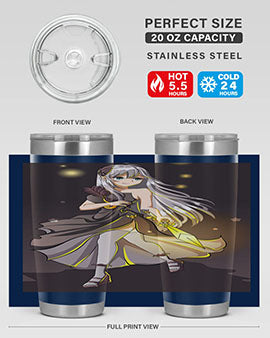 Beautiful girl in a black dress holding a sword, featured on a stylish stainless steel tumbler.