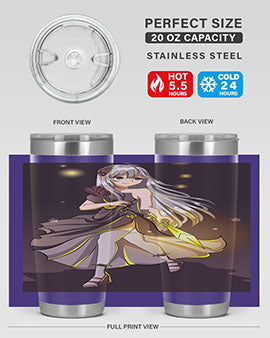 Beautiful girl in a black dress holding a sword, featured on a stylish stainless steel tumbler.