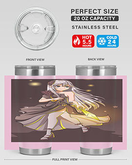 Beautiful girl in a black dress holding a sword, featured on a stylish stainless steel tumbler.