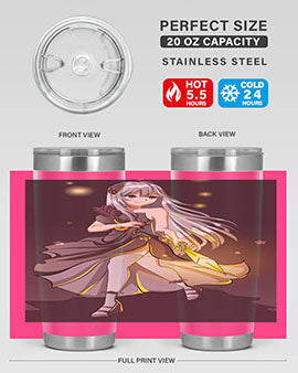 Beautiful girl in a black dress holding a sword, featured on a stylish stainless steel tumbler.