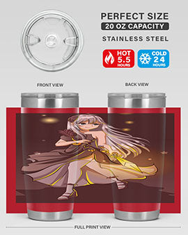 Beautiful girl in a black dress holding a sword, featured on a stylish stainless steel tumbler.