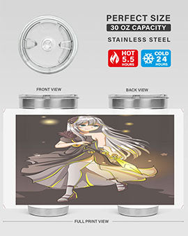 Beautiful girl in a black dress holding a sword, featured on a stylish stainless steel tumbler.