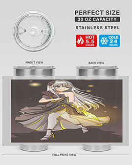 Beautiful girl in a black dress holding a sword, featured on a stylish stainless steel tumbler.