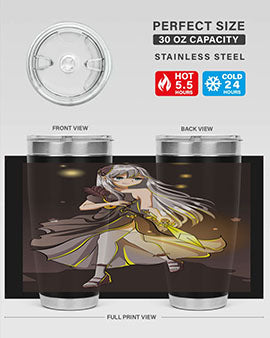 Beautiful girl in a black dress holding a sword, featured on a stylish stainless steel tumbler.
