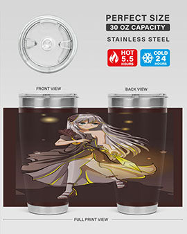 Beautiful girl in a black dress holding a sword, featured on a stylish stainless steel tumbler.