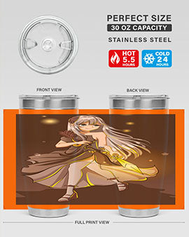 Beautiful girl in a black dress holding a sword, featured on a stylish stainless steel tumbler.