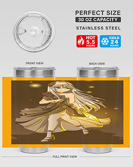 Beautiful girl in a black dress holding a sword, featured on a stylish stainless steel tumbler.