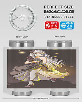 Beautiful girl in a black dress holding a sword, featured on a stylish stainless steel tumbler.
