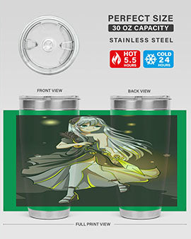 Beautiful girl in a black dress holding a sword, featured on a stylish stainless steel tumbler.