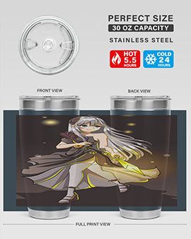 Beautiful girl in a black dress holding a sword, featured on a stylish stainless steel tumbler.