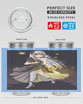 Beautiful girl in a black dress holding a sword, featured on a stylish stainless steel tumbler.