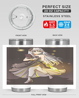 Beautiful girl in a black dress holding a sword, featured on a stylish stainless steel tumbler.