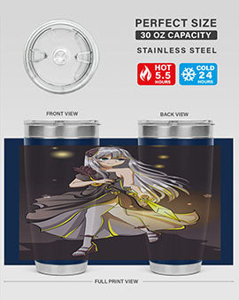 Beautiful girl in a black dress holding a sword, featured on a stylish stainless steel tumbler.