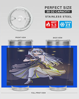 Beautiful girl in a black dress holding a sword, featured on a stylish stainless steel tumbler.