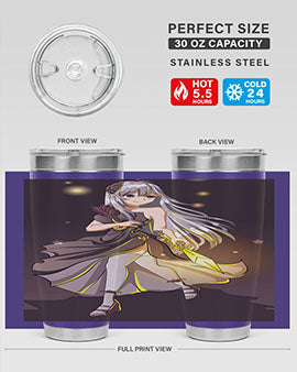 Beautiful girl in a black dress holding a sword, featured on a stylish stainless steel tumbler.