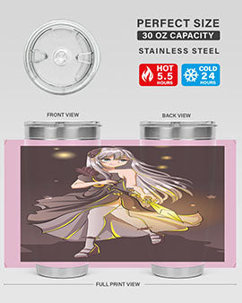 Beautiful girl in a black dress holding a sword, featured on a stylish stainless steel tumbler.